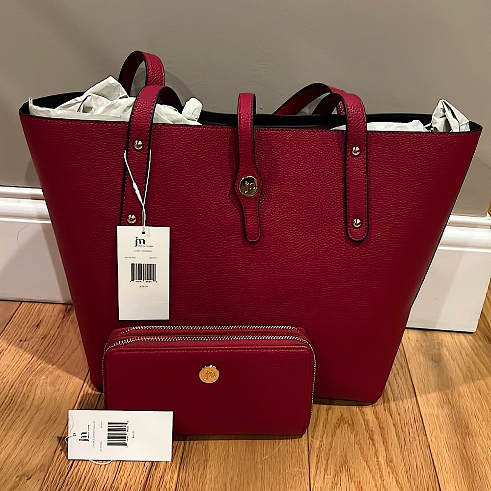 Never used, tags on, Jessica Moore Luxe Handbag & double zipper wallet in berry.